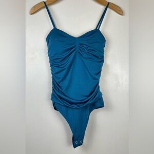 Express XS Thong Bodysuit Blue Ruched Spaghetti Straps Y2K Style Stretch EUC